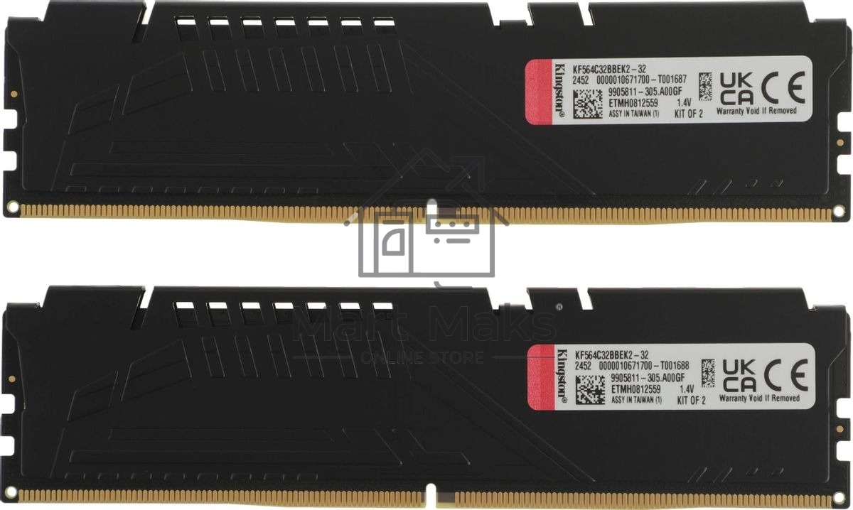 Оперативная память Kingston Fury Beast, DDR5, 32Gb (2x16Gb), 6400MHz, CL32, DIMM, с радиатором, черный