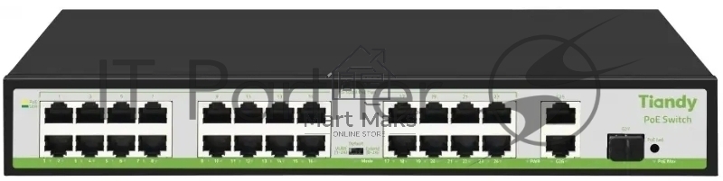 Коммутатор Tiandy TC-P3S027 Spec:H/2421/AT/260, 24×100 Мбит/с PoE + 2×1 Гбит/с Uplink + 1×1 Гбит/с SFP, неуправляемый