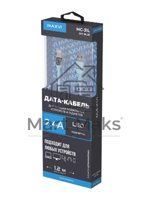 Дата-кабель Maxvi MC-31L USB-Lightning 2.4А, прозрачный корпус, LED подсветка, 1.2м, sky blue