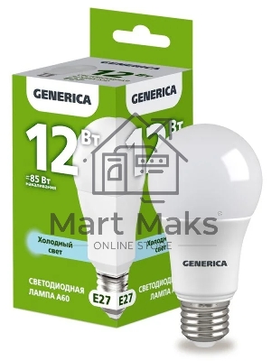 Лампа светодиодная GENERICA LL-A60-12-230-65-E27-G A60 12Вт грушевидная 6500К E27 230В