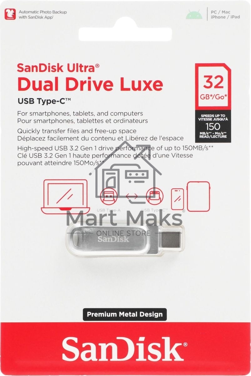 Флешка USB R/W Sandisk Ultra Dual Drive Luxe 32ГБ, USB3.0, серебристый
