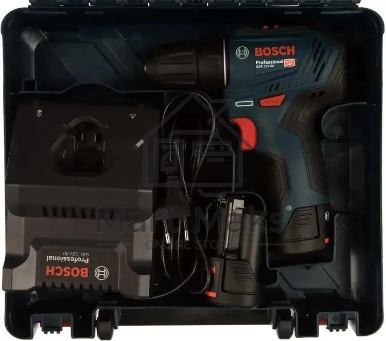 Дрель-шуруповерт Bosch GSR 12V-30, Аккумуляторная, 12В, 2 АКБ, Кейс