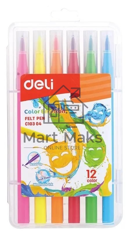 Фломастеры Deli EC10304 Color Emotion кисть, смываемые, 12 цветов, пластиковый пенал (12шт)