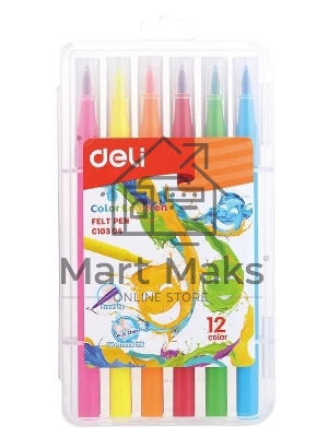 Фломастеры Deli EC10304 Color Emotion кисть, смываемые, 12 цветов, пластиковый пенал (12шт)