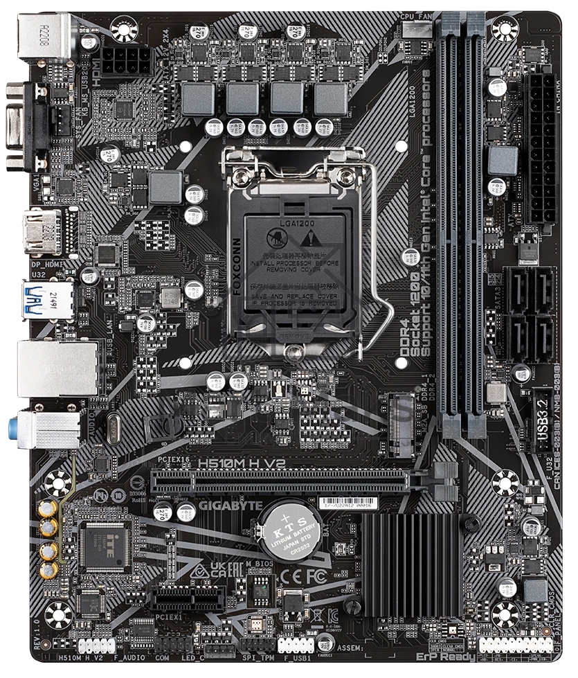Материнская плата Gigabyte H510M H V2, LGA 1200, Intel H470, 2xDDR4, 4xSATA 6 Гбит/с, 1xM.2, 1xPCIe 3.0 x16, 1xPCIe 3.0 x1, 1xHDMI, 1xVGA, 1x 1Gb LAN, 2xUSB-A 3.2 Gen 1, 4xUSB-A 2.0, 3x3.5 мм, 7.1, Micro ATX