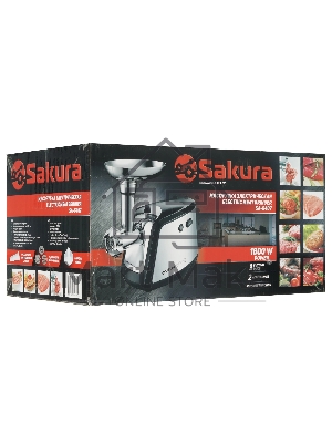 Мясорубка электрическая Sakura SA-6407, 1500 Вт, с функцией реверса, насадками кеббе, для приготовления сосисок и тремя дисками в комплекте. Материал корпуса: пластик. Материал лотка: металл.