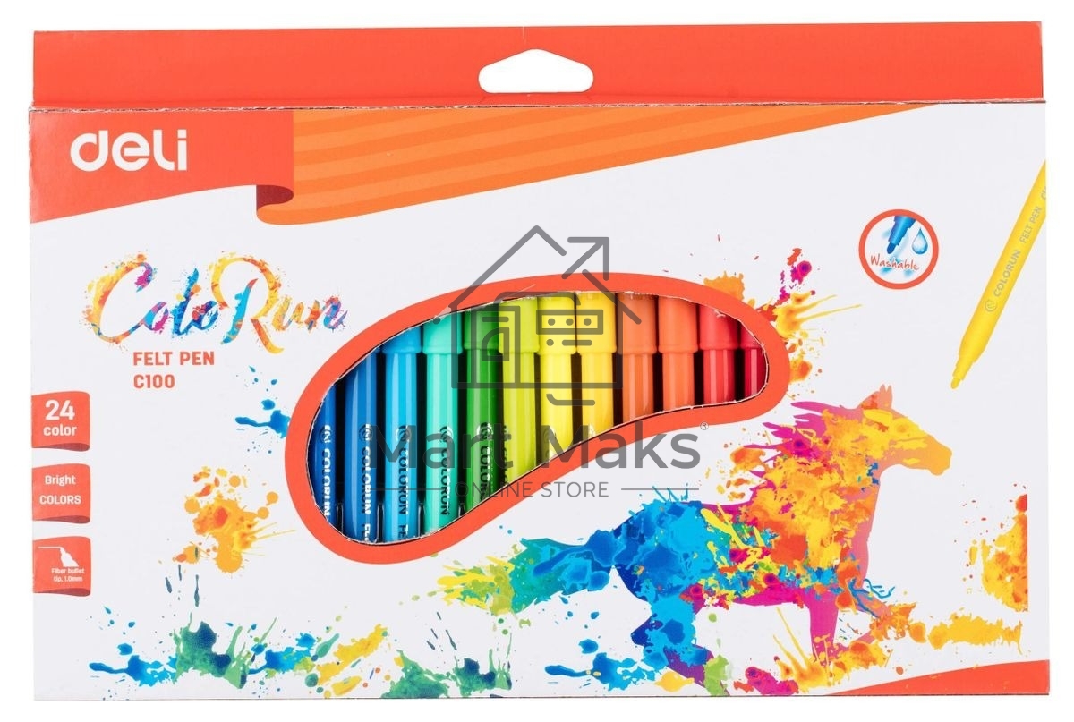 Фломастеры Deli EC10020 ColoRun, вентилируемый колпачок, 24 цвета, коробка с европодвесом