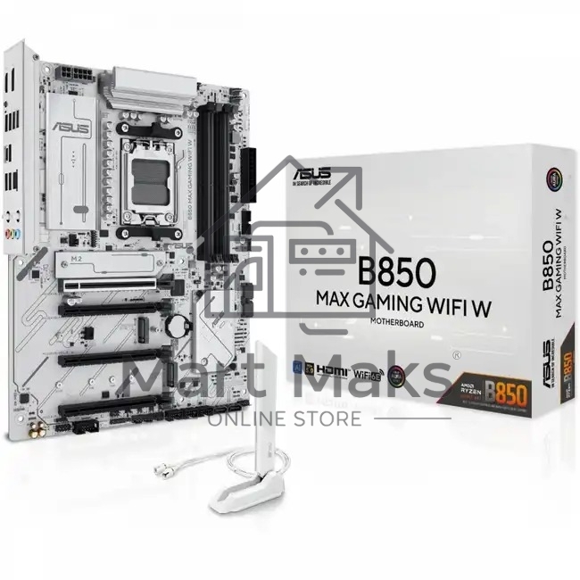 Материнская плата ASUS B850 MAX GAMING WIFI W, AM5, AMD B850, 4xDDR5, 4xSATA, 3xM.2, 1xPCIe 5.0 x16, 1xPCIe 4.0 x4, 2xPCIe 3.0 x1, 1xDisplayPort, 1xHDMI, 1x2.5Gb LAN, Wi-Fi 6E, Bluetooth 5.3, 1xUSB-C 10Gbps, 3xUSB-A 10Gbps, 2xUSB-A 5Gbps, 2xUSB-A 2.0, 3x3