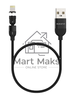 Кабель Maxvi MCm-02L black, USB-A - Lightning, 2A, магнитный разъем, LED ток макс. нагрузки 2А, макс. напряжение 5V; стандарт USB 2.0; длина 1.5м, нейлоновая оплетка, съемный магнитный коннектор, LED подсветка, черный