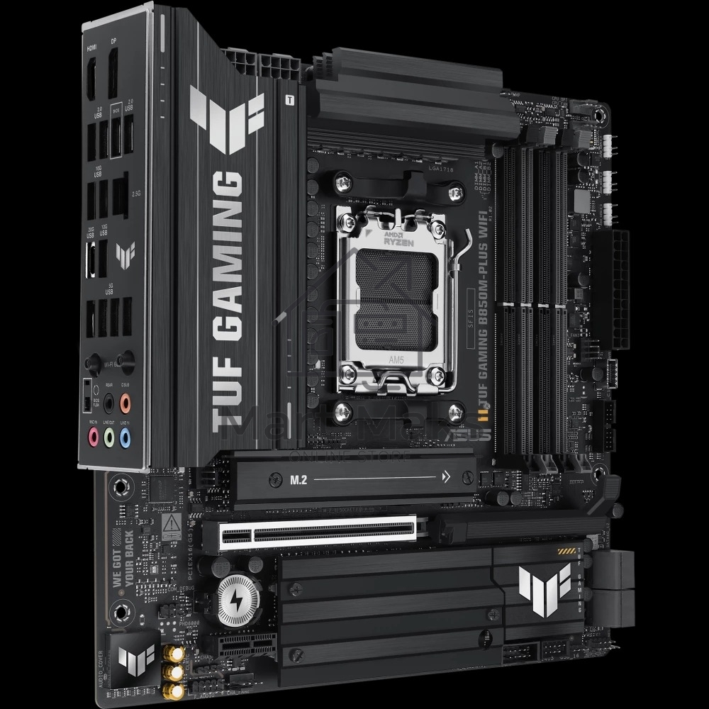 Материнская плата ASUS TUF GAMING B850M-PLUS WIFI, AM5, AMD B850, 4xDDR5, 4xSATA, 3xM.2, 1xPCIe 4.0 x16, 1xHDMI, 1xDP, 1x 2.5Gb LAN, 1xUSB-C 20Gbps, 3xUSB-A 10Gbps, 4xUSB-A 5Gbps, 4xUSB-A 2.0, 7.1, micro-ATX
