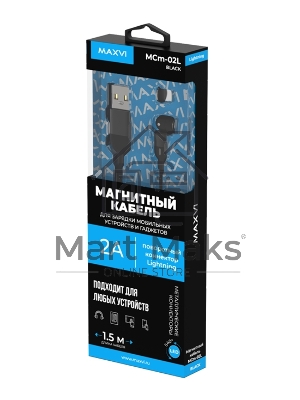 Кабель Maxvi MCm-02L black, USB-A - Lightning, 2A, магнитный разъем, LED ток макс. нагрузки 2А, макс. напряжение 5V; стандарт USB 2.0; длина 1.5м, нейлоновая оплетка, съемный магнитный коннектор, LED подсветка, черный