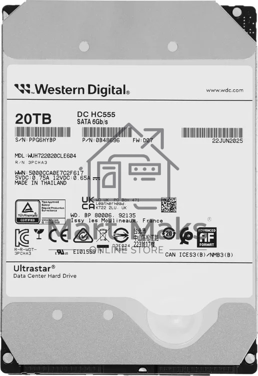 Жесткий диск Western Digital SATA 20Tb 7200RPM 6Gb/S 512MB DC HC555 WUH722020CLE604_0B48696