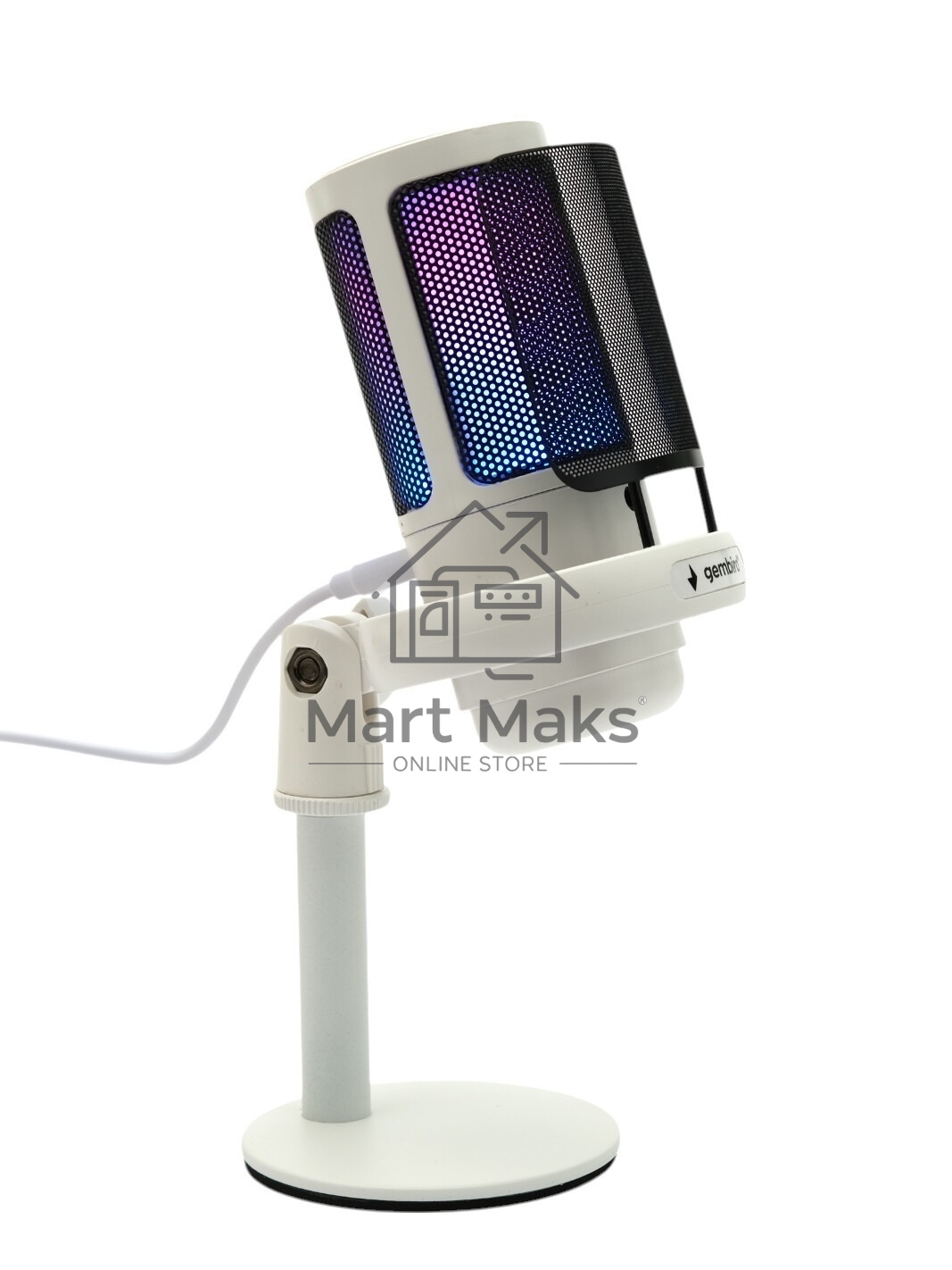 Микрофон конденсаторный Gembird M-01NW, подсветка RGB, шумоподавление, настольный держатель, белый