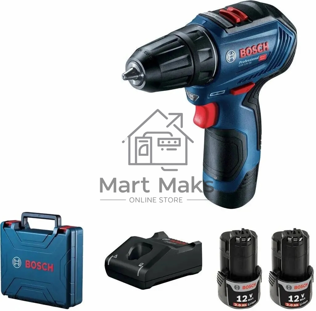 Дрель-шуруповерт Bosch GSR 12V-30, Аккумуляторная, 12В, 2 АКБ, Кейс