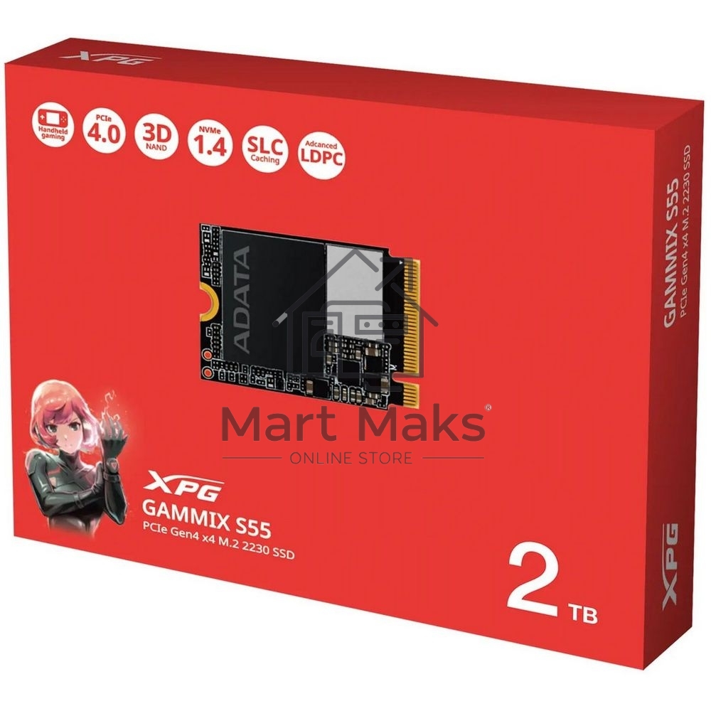 Накопитель SSD ADATA XPG GAMMIX S55, 2000 ГБ, PCIe 4.0 x4, M.2 2230, NVMe, R/W 5000/3200, без радиатора