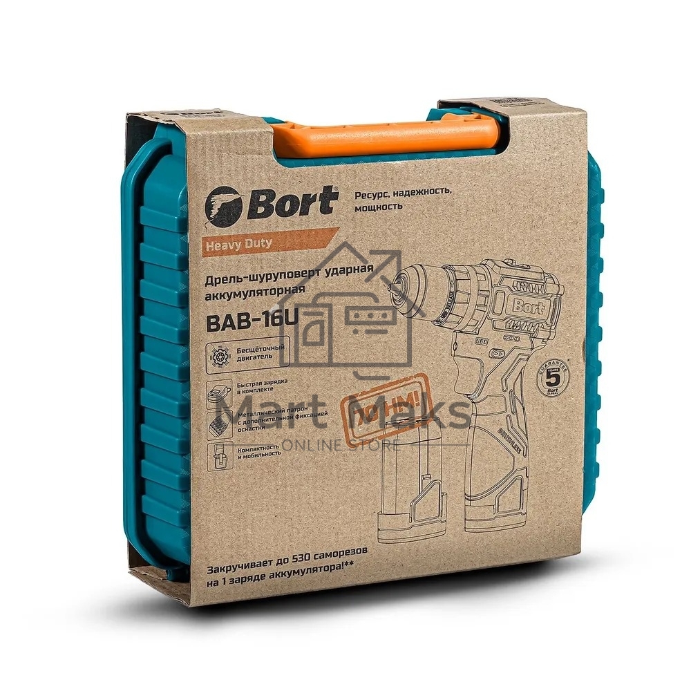 Дрель-шуруповерт Bort BAB-16U 93414882, Аккумуляторная, 16.8В, 2 АКБ, Кейс