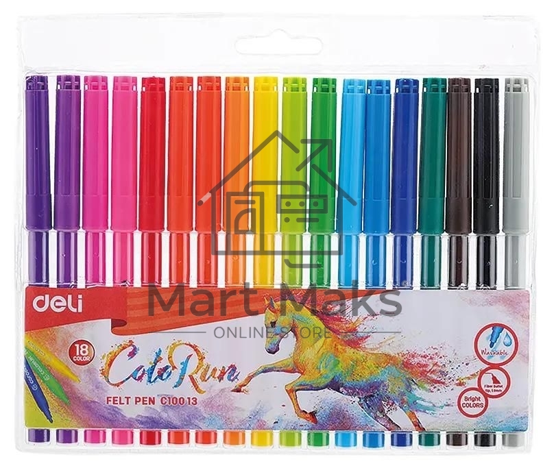 Фломастеры Deli EC10013 ColoRun, вентилируемый колпачок, 18 цветов, пакет с европодвесом