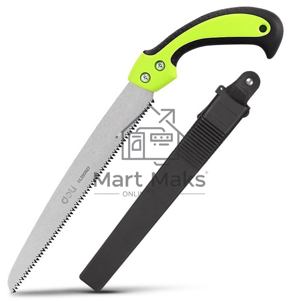 Садовая пила с ножнами Deli DL580927 270мм, сталь 65Mn, шаг зубьев 7TPI, обрезиненая ручка, шлифовка зубов с 3-х сторон, двухрядное распределение кромок