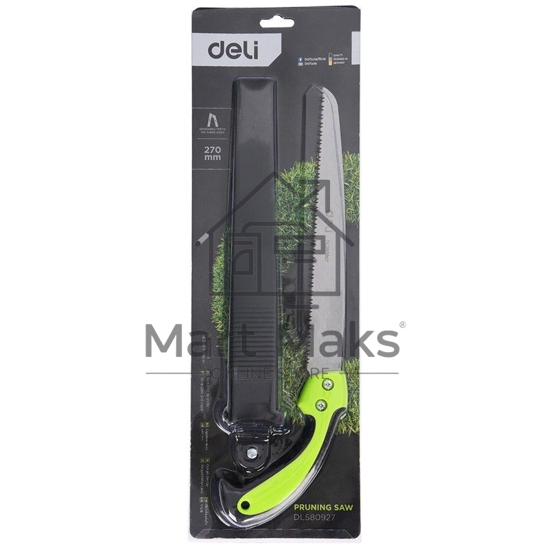 Садовая пила с ножнами Deli DL580927 270мм, сталь 65Mn, шаг зубьев 7TPI, обрезиненая ручка, шлифовка зубов с 3-х сторон, двухрядное распределение кромок