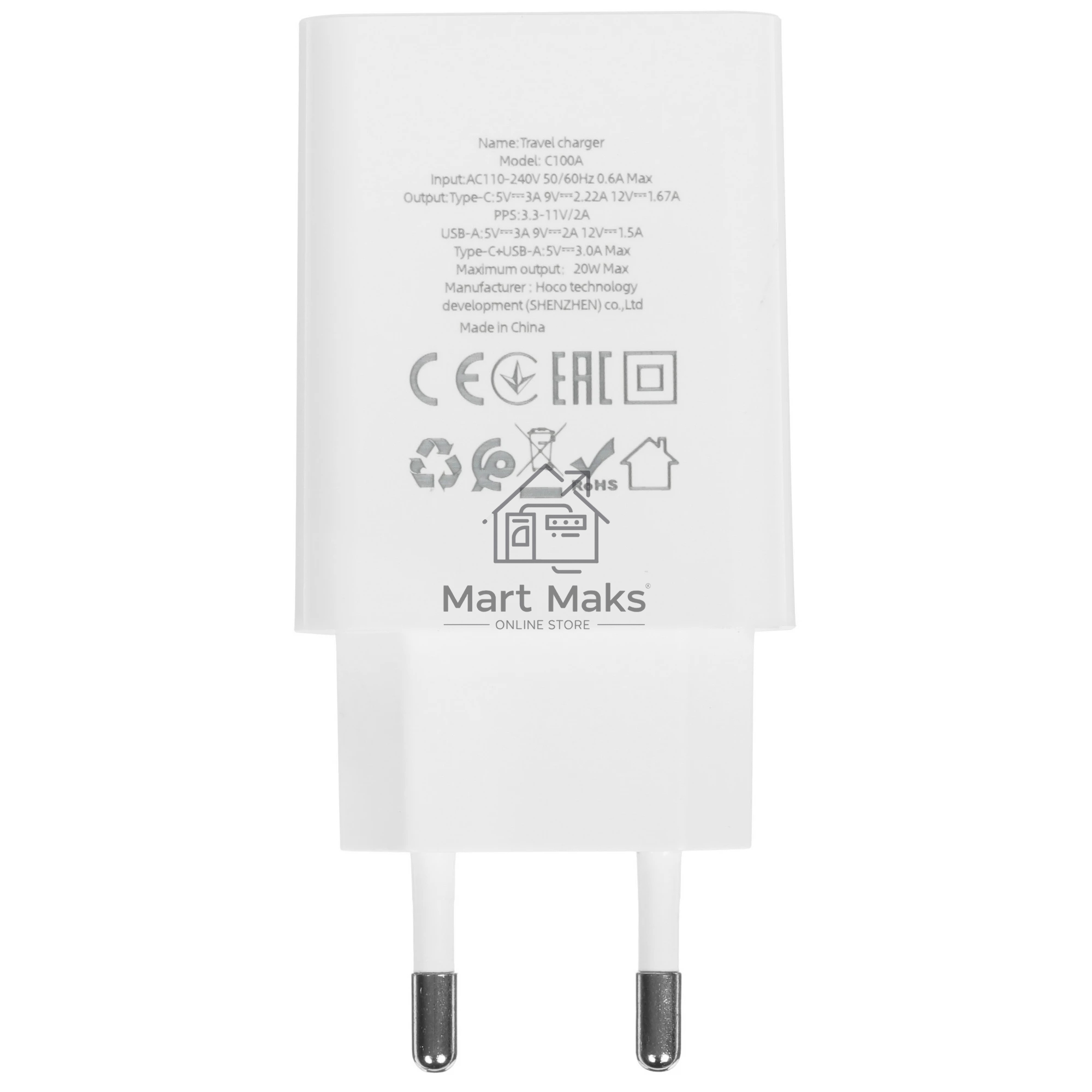 Блок питания (сетевой адаптер) HOCO C100A 1xUSB (18 Вт), 1xType (20 Вт), белый