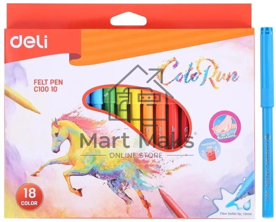 Фломастеры Deli EC10010 ColoRun, вентилируемый колпачок, 18 цветов, коробка с европодвесом