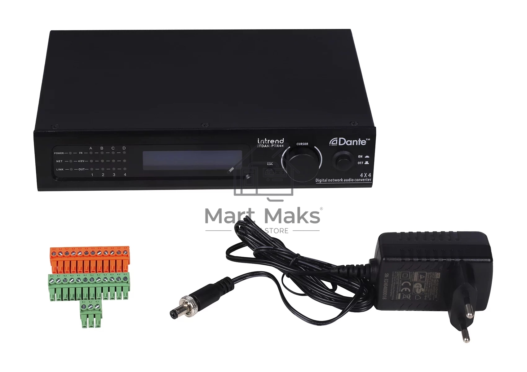 Конвертор Intrend ITDAN-PTR44 Dante - аналог. 4 входа/4 выхода phoenix, 2xRJ45(Dante). встроенный аудиопроцессор (gain, phantom power, mute). Управление ethernet/RS232. Питание 12V