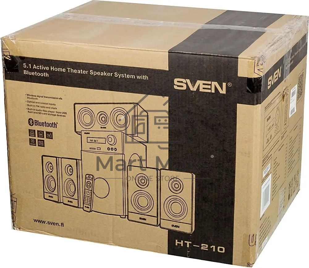 Аудиоколонки SVEN HT-210, черный, акустическая система 5.1, мощность (RMS):50Вт+5x15Вт, Bluetooth, Optical, Coaxial, FM-тюнер, USB/SD, дисплей, ПДУ