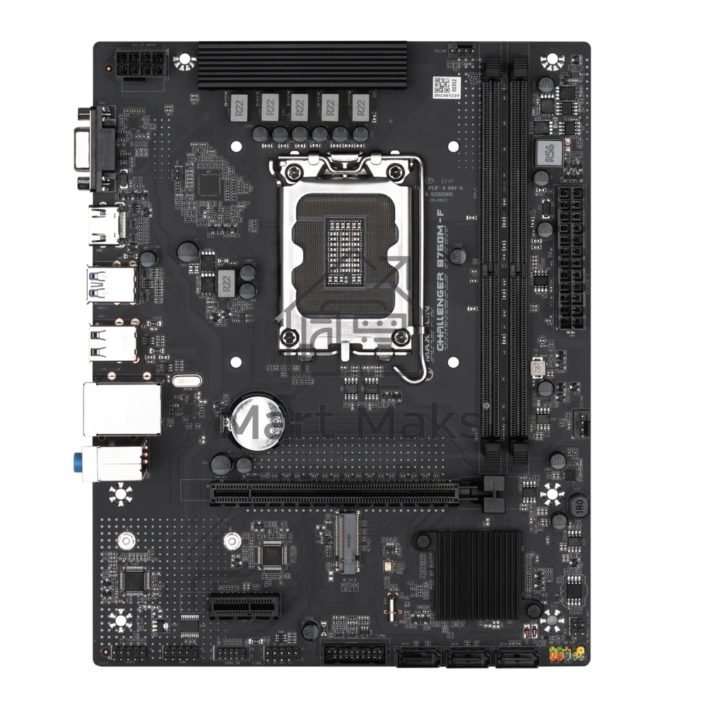 Материнская плата Maxsun Challenger B760M-F, LGA 1700, Intel B760, 2xDDR4, 3xSATA III, 2xM.2, 1xPCIe 4.0 x16, 1xHDMI, 1xVGA, 1xRJ-45 1Gb LAN, 2xUSB 3.2 Gen 1, 4xUSB 2.0, 3x3.5 мм, 5.1, mATX