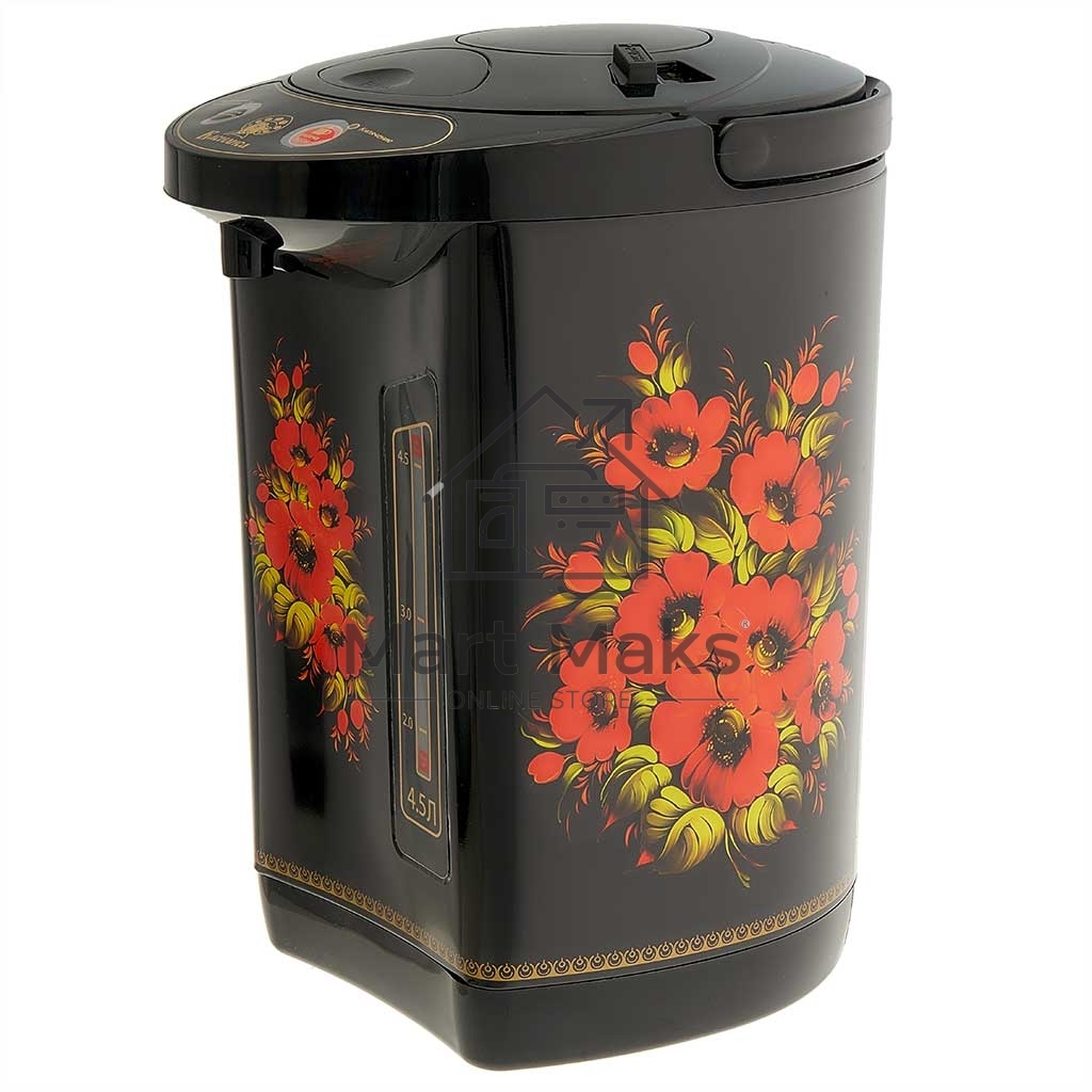 Термопот ВАСИЛИСА ВА-5007 Жостово Объем 4,5 л. Мощность в режиме кипячения 900 Вт. Мощность в режиме поддержания температуры воды 30 Вт. Внутренняя емкость из нержавеющей стали. Вращение корпуса на основании на 360°. Шкала уровня воды. Световые индикаторы