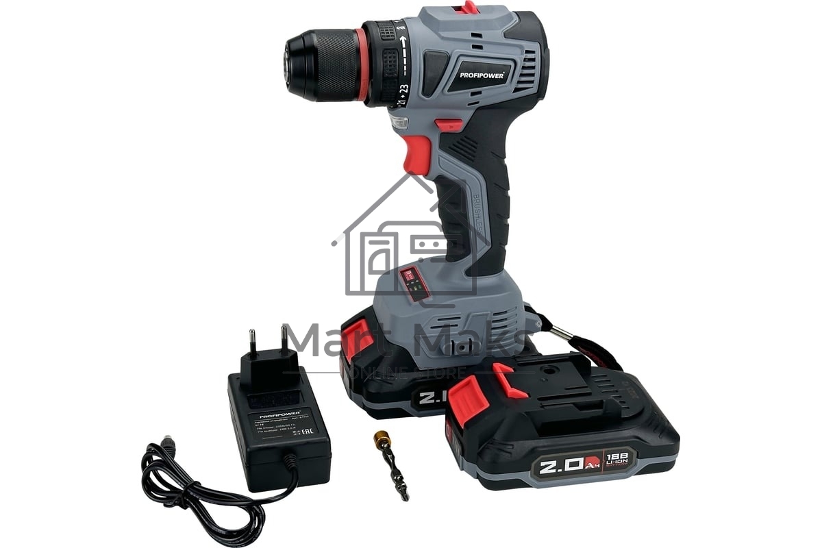 Шуруповерт бесщеточный ProfiPower MKBL-18B (18В,Li-ion-2шт,2.0А·ч,40Нм,З/У, 0,8-10мм,магнитная бита, в кейсе)