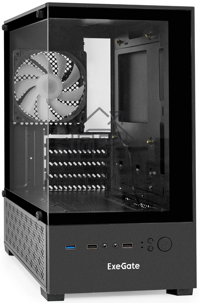 Компьютерный корпус Minitower ExeGate i3 SEA (mATX, без БП, 1*USB+1*USB3.0, HD аудио, черный, 1 вент. 12см с RGB подсветкой, передняя и боковая панели - закаленное стекло)