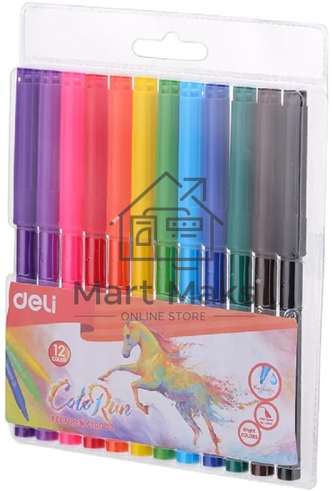 Фломастеры Deli EC10003 ColoRun, вентилируемый колпачок, 12 цветов, пакет с европодвесом