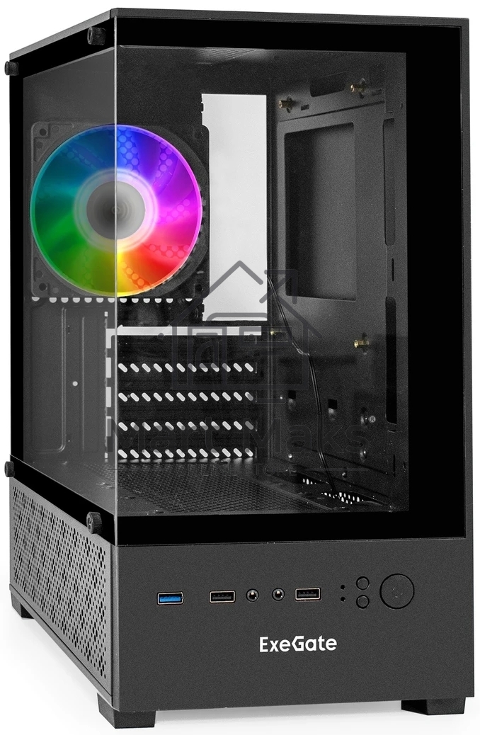 Компьютерный корпус Minitower ExeGate i3 SEA (mATX, без БП, 1*USB+1*USB3.0, HD аудио, черный, 1 вент. 12см с RGB подсветкой, передняя и боковая панели - закаленное стекло)