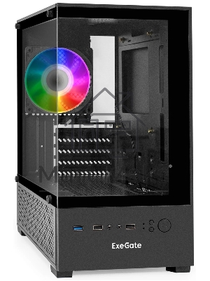 Компьютерный корпус Minitower ExeGate i3 SEA (mATX, без БП, 1*USB+1*USB 3.0, HD аудио, черный, 1 вент. 12см с RGb подсветкой, передняя и боковая панели - закаленное стекло)