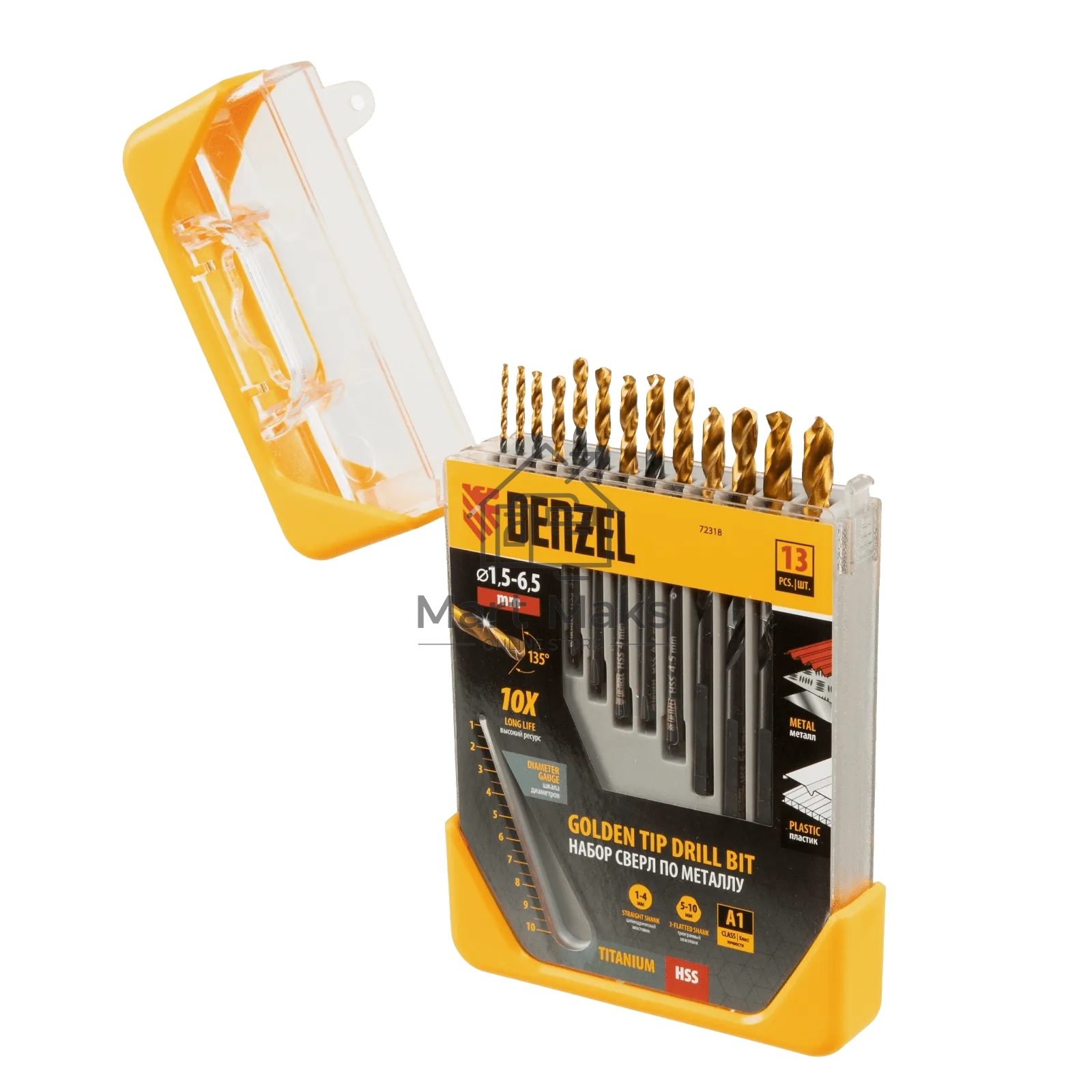 Набор сверл по металлу Denzel 1,5-6,5 мм, HSS-Tin, Golden Tip, 13 шт