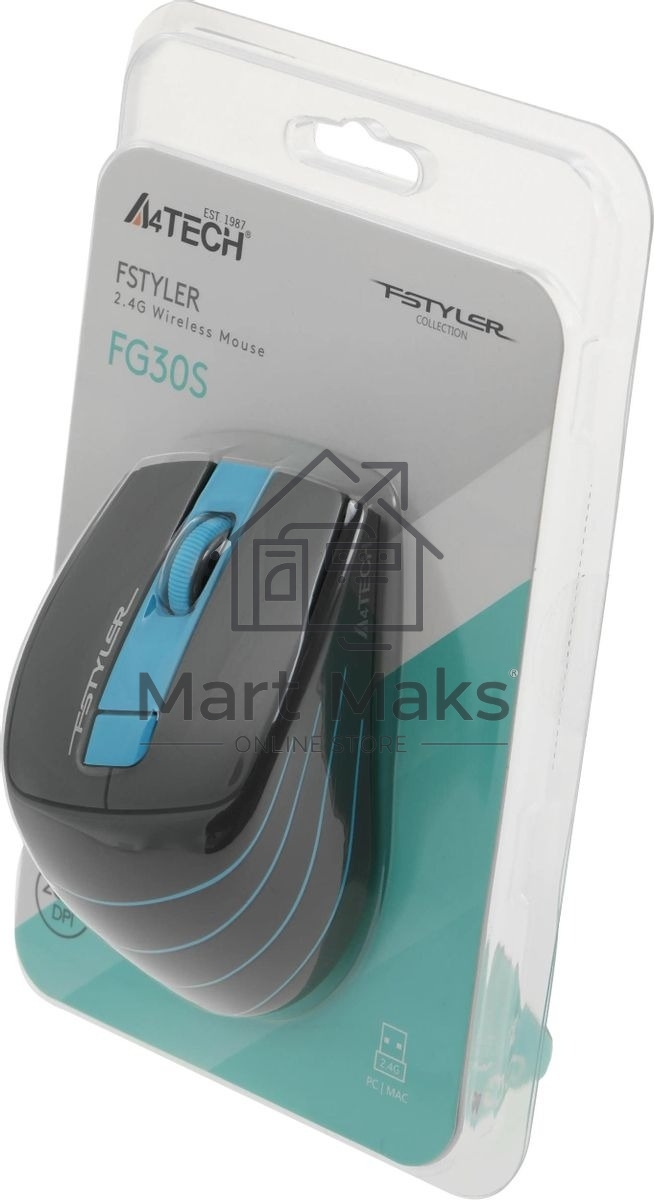 Мышь беспроводная A4Tech Fstyler FG30S серый/синий, 2000 dpi, радиоканал, USB, кнопки - 5