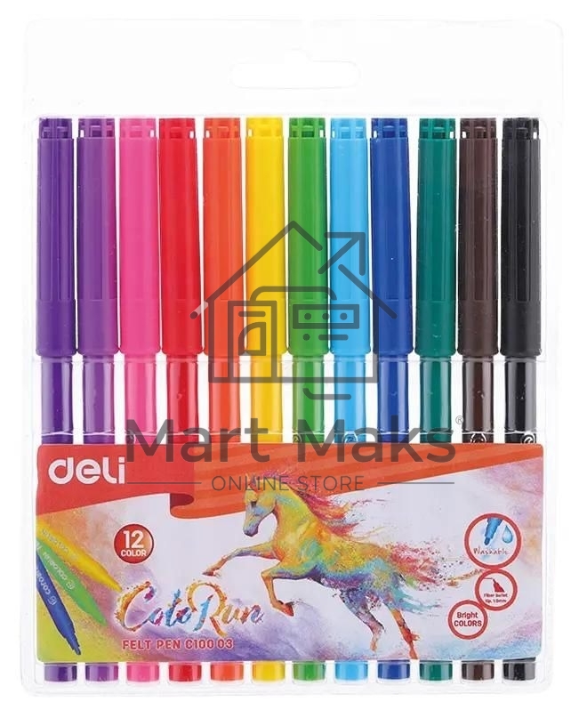 Фломастеры Deli EC10003 ColoRun, вентилируемый колпачок, 12 цветов, пакет с европодвесом