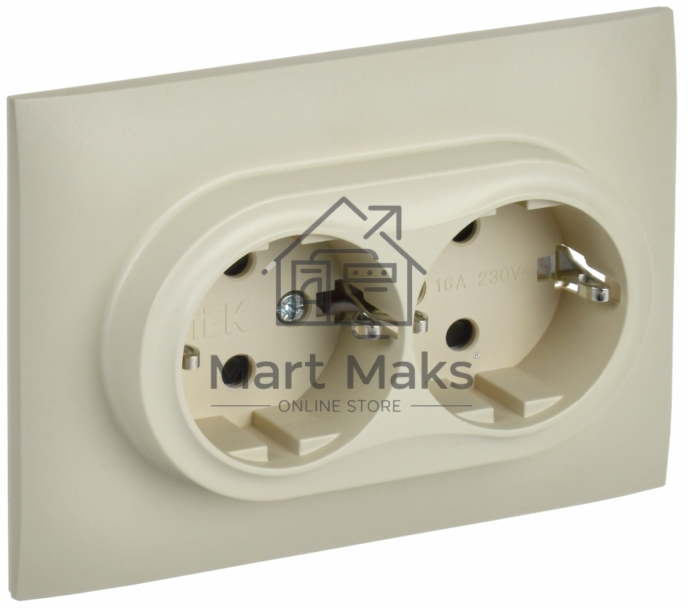 Розетка 2-местная IEK SKANDY SK-R07B (SK-R24-16-K10-F) с заземлением, с защитными шторками 16А в сборе, бежевый