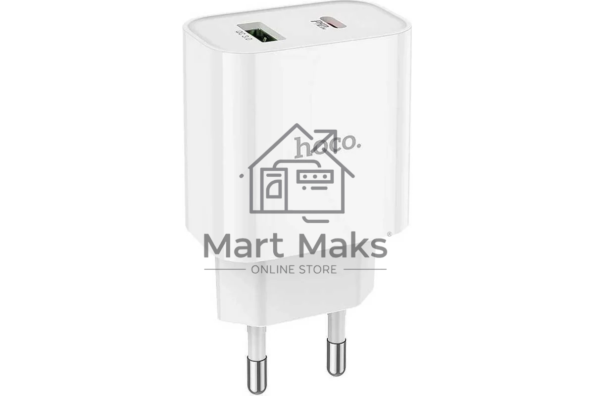 Блок питания (сетевой адаптер) HOCO C80A Plus с кабелем Type-C-Lightning, QC3.0, 20W, белый