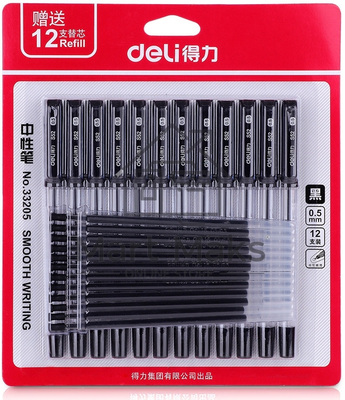 Набор ручек гелевых Deli 33205-BK прозрачный/черный, черные чернила, блистер (12шт), линия 0.5мм, резиновая манжета 12 ручек + 12 сменных стержней