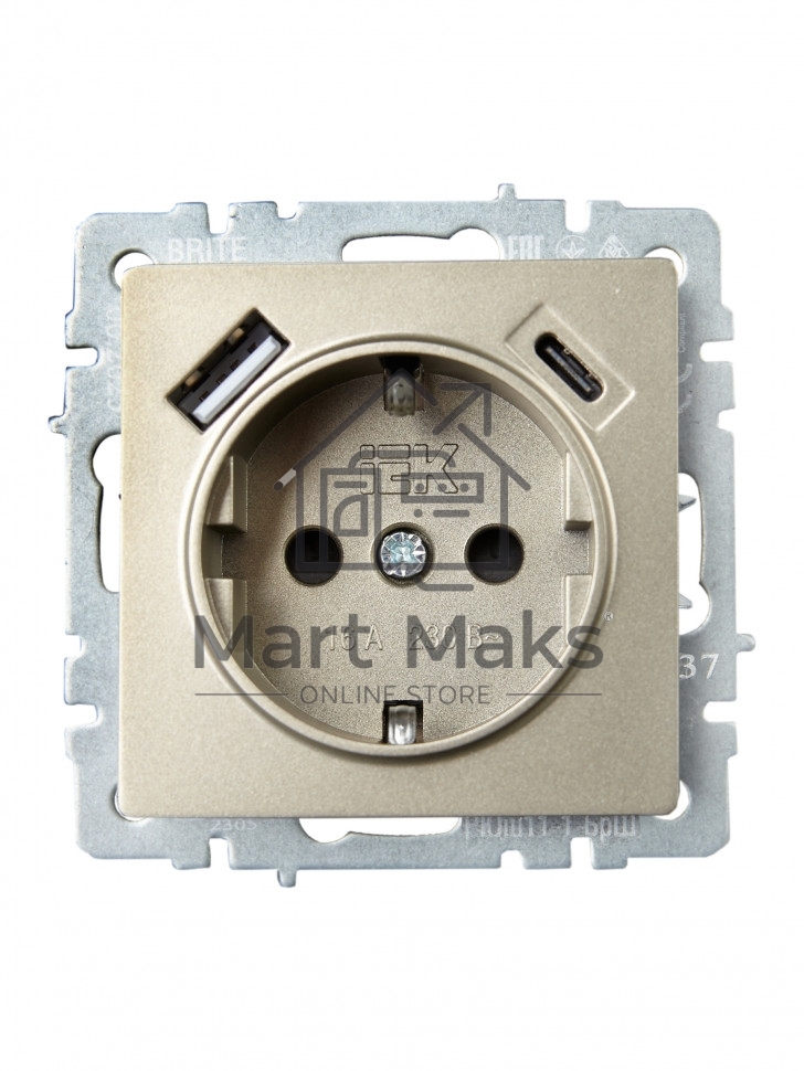 Розетка 1-местная IEK BRITE РЮш11-1-БрШ (BR-R14-16-U22-018-K37) с заземлением, с защитными шторками, 16А, с USB A+C 18 Вт, шампань
