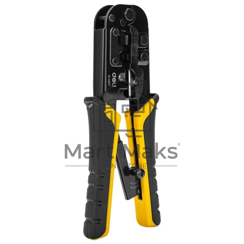 Обжимные клещи Deli DL4971 4P,6P,8P Размер: 200 мм. Спецификация обжима: 4P, 6P, 8P. Сталь A3 с черным покрытием. Ручка из ПВХ и ТПР. Храповой механизм. Подходит для витой пары UTP/STP и телефонных кабелей.