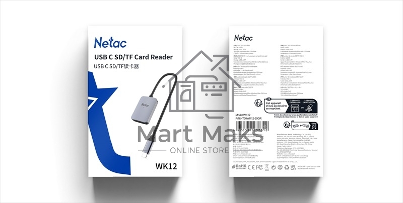 Кард-ридер Netac Flash WK12/серый/SD/SDHC/SDXC/microSD/microSDHC/microSDXC/USB 3.0 Type-C/пластик