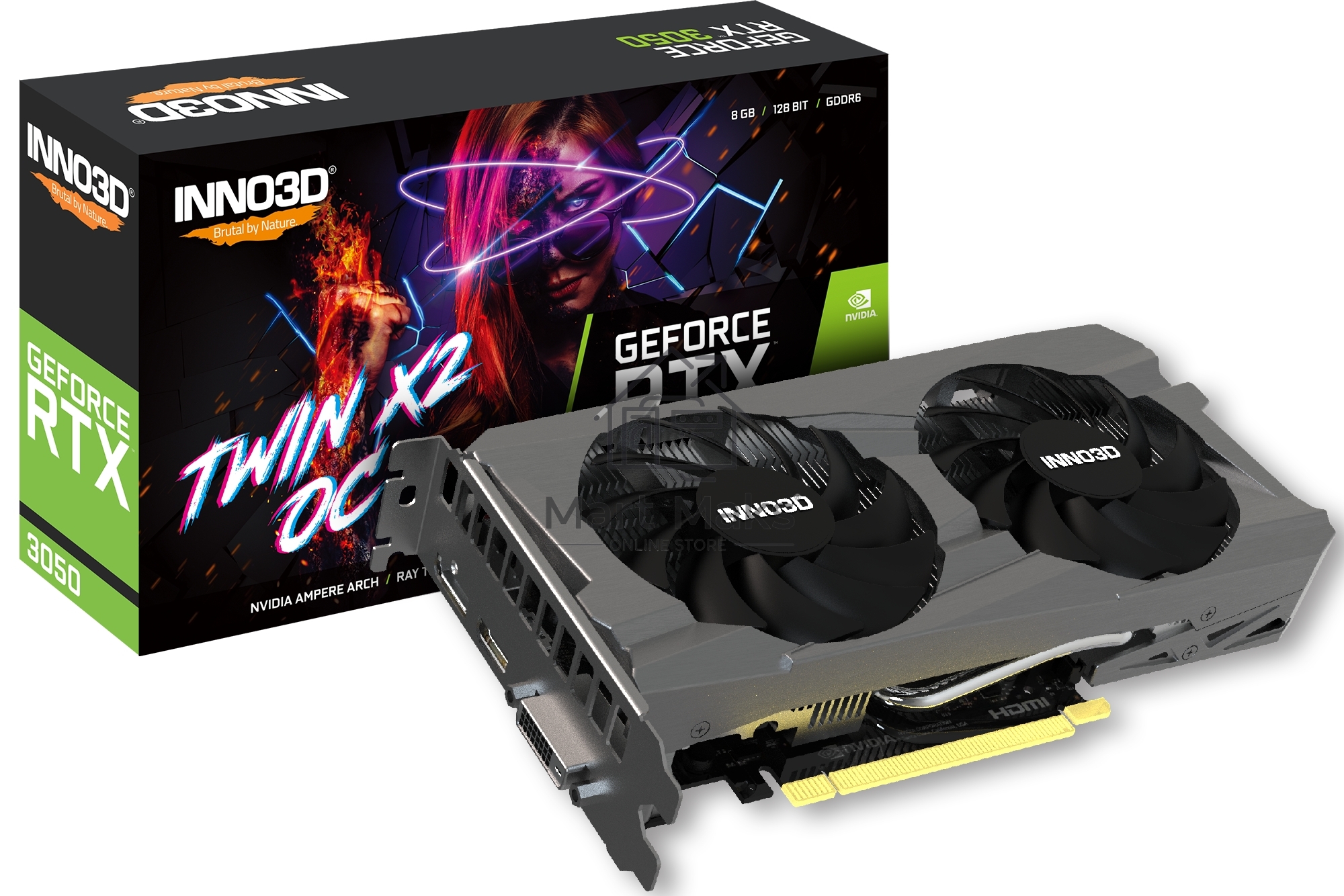 Видеокарта INNO3D GeForce RTX 3050 TWIN X2 OC, 8 GB GDDR6, 128 bit, DVI-D, DisplayPort, HDMI, GPU 1552 MHz