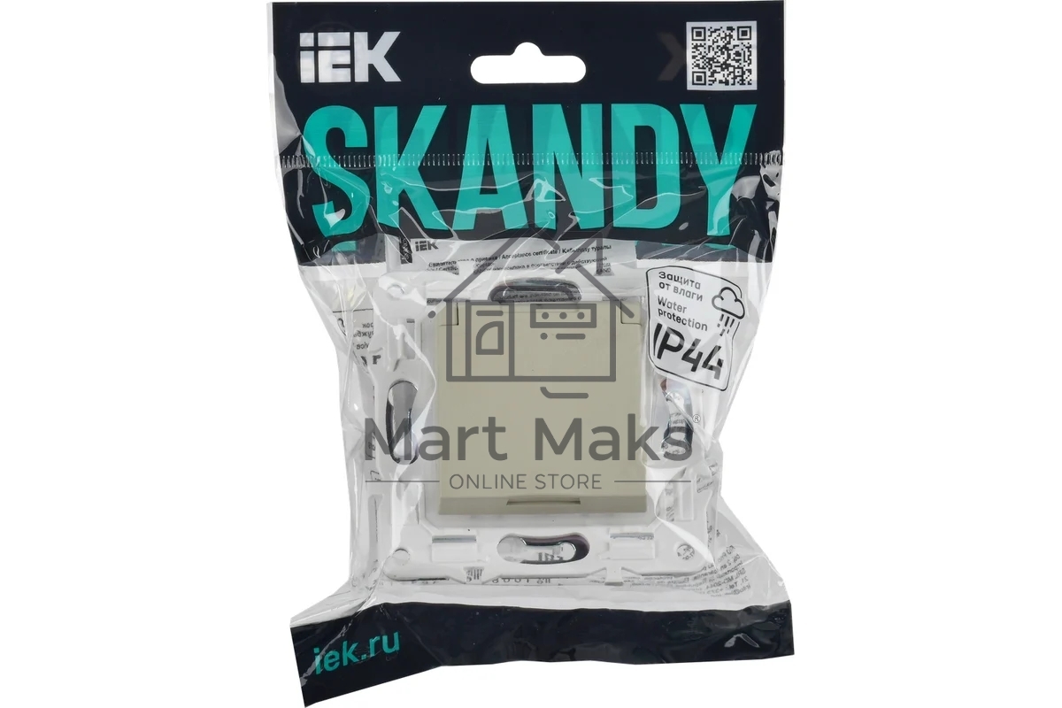 Розетка 1-местная IEK SKANDY SK-R11B (SK-R16-16-44-K10) с заземлением, с защитными шторками и крышкой 16А IP44, бежевый