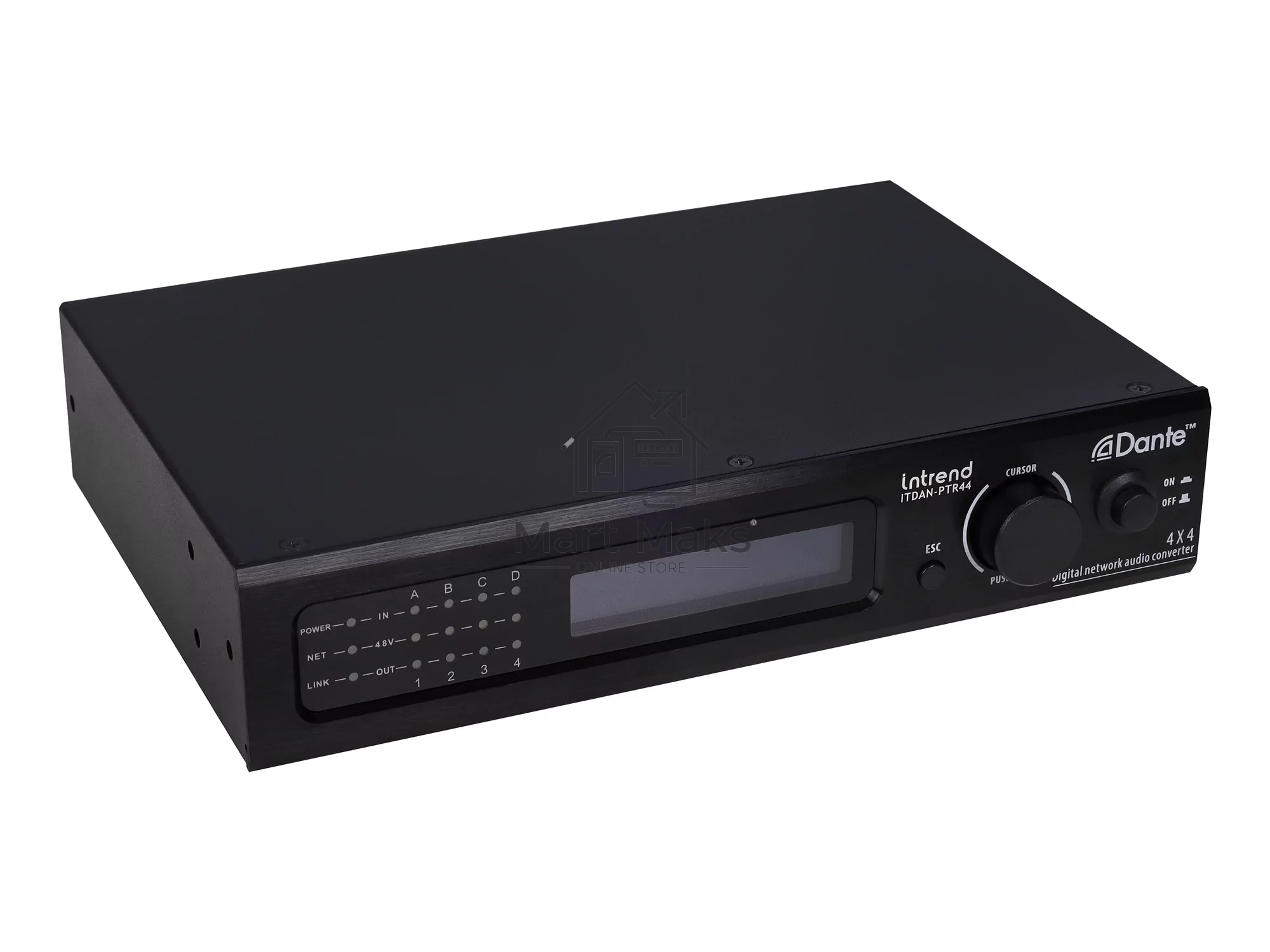 Конвертор Intrend ITDAN-PTR44 Dante - аналог. 4 входа/4 выхода phoenix, 2xRJ45(Dante). встроенный аудиопроцессор (gain, phantom power, mute). Управление ethernet/RS232. Питание 12V