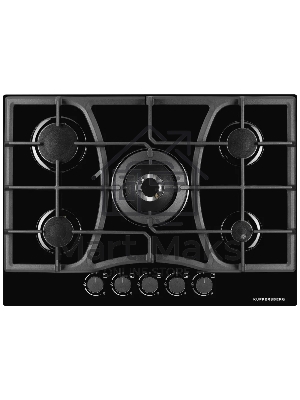 Газовая варочная поверхность Kuppersberg, закаленное стекло, ширина 70 см, 5 газовых конфорок, WOK конфорка(3,8 кВт), автоподжиг, газ-контроль, чугунные решетки, цвет чёрный