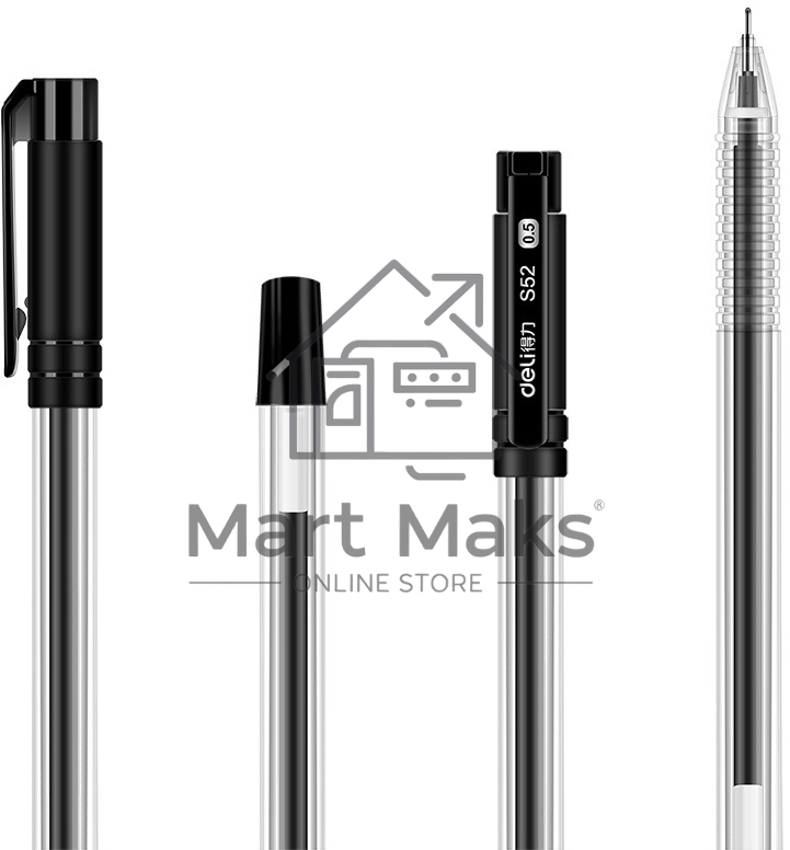 Набор ручек гелевых Deli 33205-BK прозрачный/черный, черные чернила, блистер (12шт), линия 0.5мм, резиновая манжета 12 ручек + 12 сменных стержней