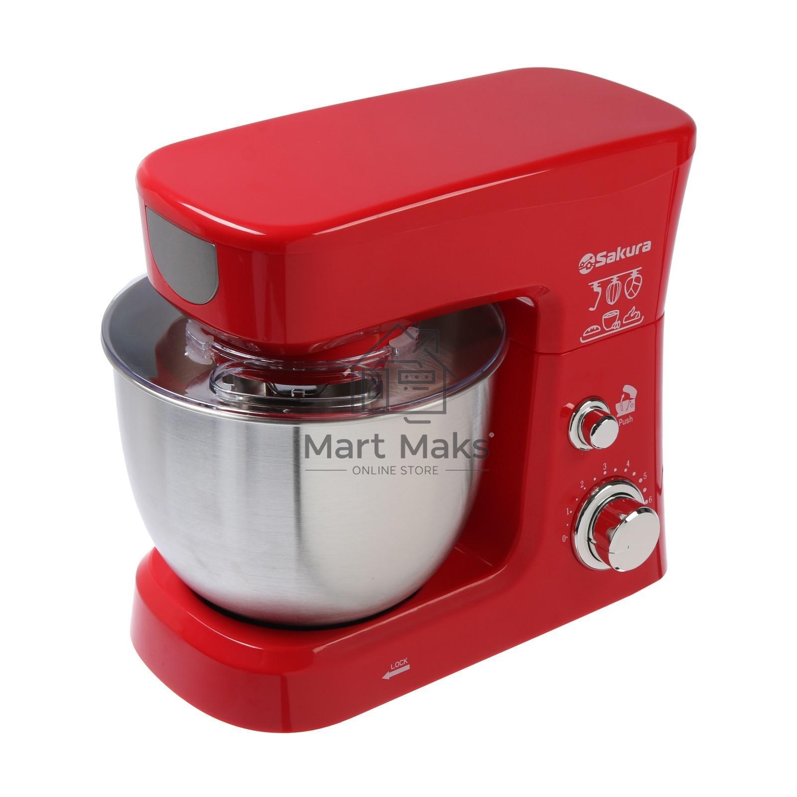 Миксер Sakura SA-6327R красный/серебристый, стационарный, 1000 Вт, 3.5 л, 6 скоростей