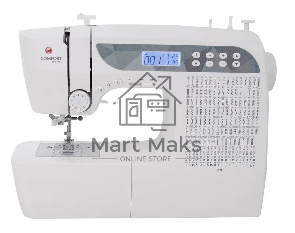Швейная машина Comfort 1001 200 операций, 9 видов петель, жк дисплей, нитевдеватель, горизонтальный челнок, русск./англ. алфавит, плавная регулировка скорости на корпусе, регулятор давления лапки, нитевдеватель, возможность шитья двойной иглой, возможност